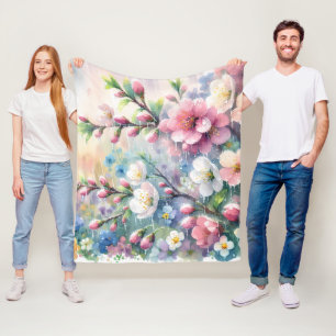 Lenteregen Bloesem Watercolor Cottagecore Fleece Deken