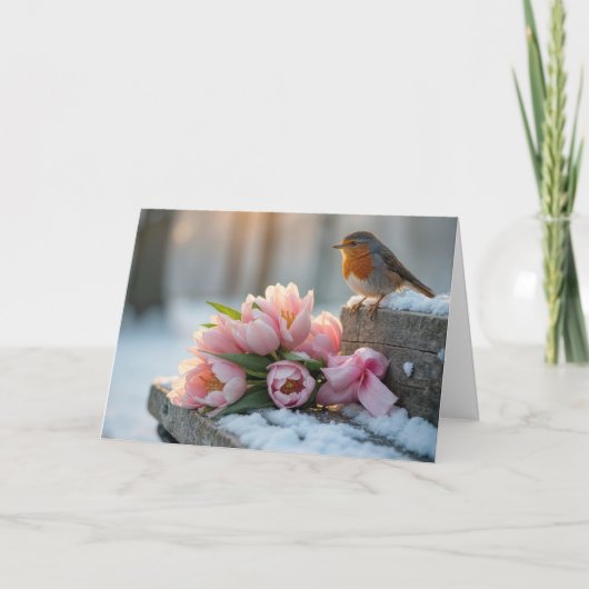 Lenteroodborst met Roze Tulpen Kaart (Voorkant)