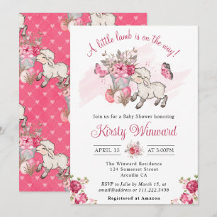 Lenteroze bloemenmand & Cute lammetje baby shower Kaart