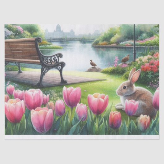 Lenteroze tulpen en parkbank  Decoupage Tissuepapier (Voorkant)