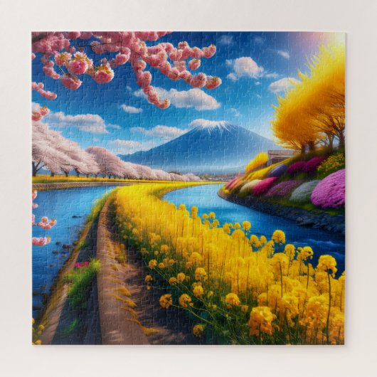 Lentescène met kersenbloesems en bergen legpuzzel (Verticaal)