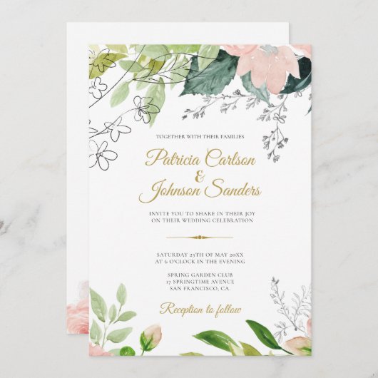 lentesgrienery floral waterverf rustige bruiloft kaart (Voorkant / Achterkant)