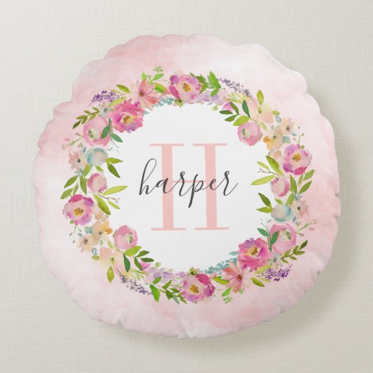 Lentetuin bloemenkrans monogram rond kussen (Voorkant)