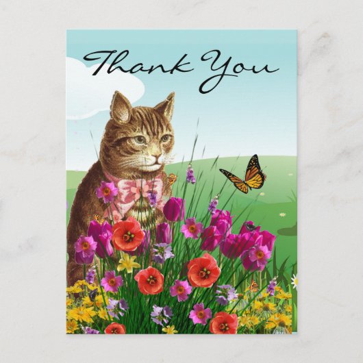 Lentetuin met vintage kat bedankt briefkaart (Voorkant)