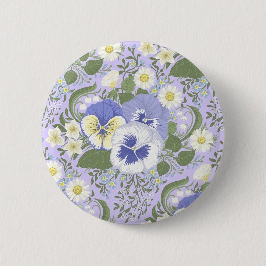 Lentetuinbloemen op lavendel ronde button 5,7 cm (Voorkant)