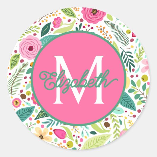 Lentetuinbloemenmonogram Ronde Sticker (Voorkant)