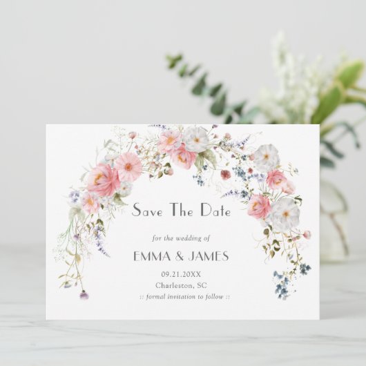 Lentetuinboog Wilde Bloemen Roze Witte Bruiloft Save The Date (Staand voorkant)