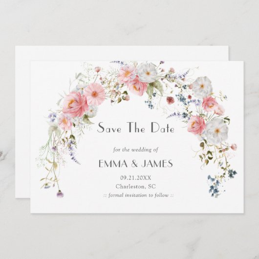 Lentetuinboog Wilde Bloemen Roze Witte Bruiloft Save The Date (Voorkant / Achterkant)
