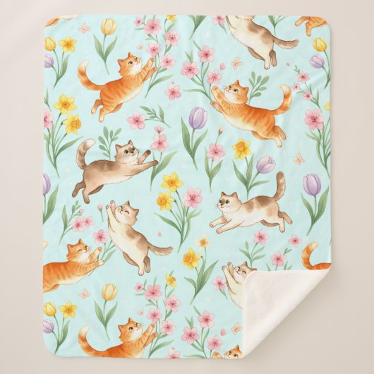 Lentetuinpret – Speelse katten en bloesems Sherpa Deken (Voorkant)