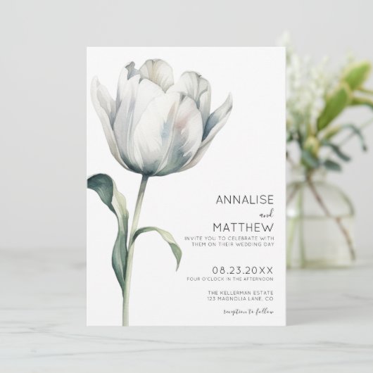 Lentetulp Elegante Moderne Witte Bloemen Bruiloft Kaart (Staand voorkant)