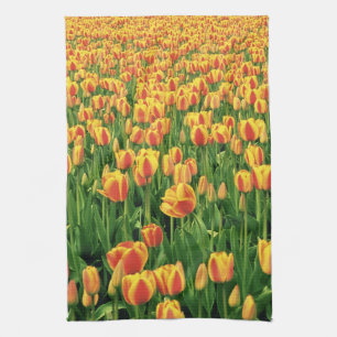 Lentetulpen bloeien voor oude schuur. theedoek