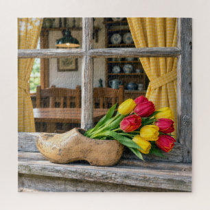 Lentetulpen in een Nederlandse houten klomp Legpuzzel