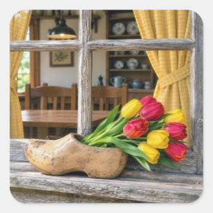 Lentetulpen in een Nederlandse houten klomp Vierkante Sticker