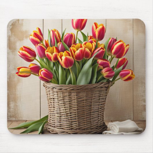 Lentetulpen in rieten mand muismat (Voorkant)