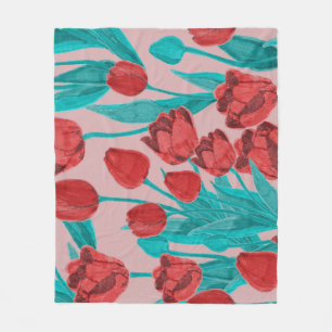 Lentetulpen, met de hand getekend bloemmotief fleece deken