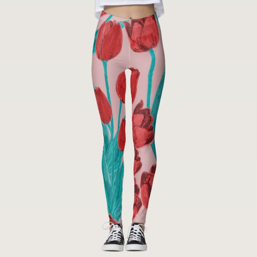 Lentetulpen, met de hand getekend bloemmotief leggings (Voorkant)