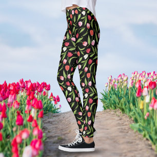 Lentetulpen Rood en Roze Waterverf Bloemendecor Zw Leggings