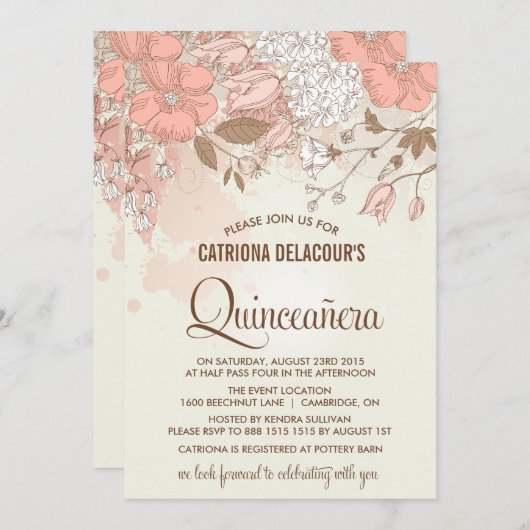  lentevloeren Quinceañera Uitnodiging (Voorkant / Achterkant)