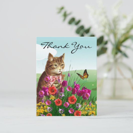 Lentevloertuin met  kat Dank je wel Briefkaart (Staand voorkant)