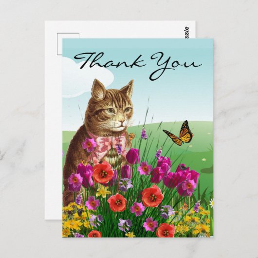 Lentevloertuin met kat Dank je wel Briefkaart (Voorkant / Achterkant)