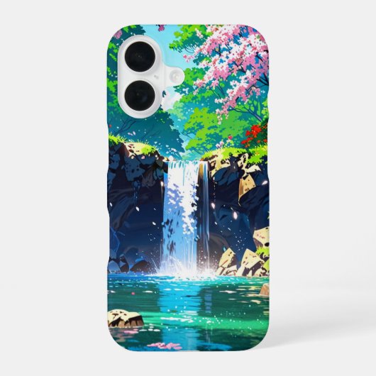 Lentewaterfall – Anime Landschap iPhone 16 Hoesje (Achterkant)
