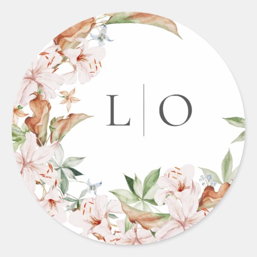 Lentewaterverf Bloemige Monogram Bruiloft Ronde Sticker (Voorkant)