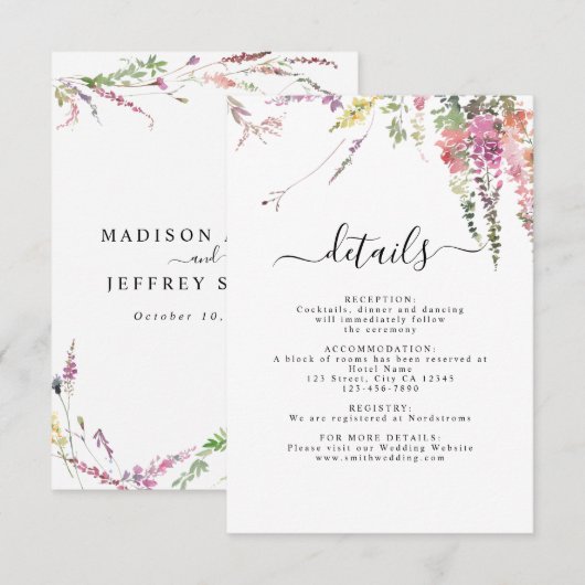 Lentewildebloemen Huwelijksdetailkaart RSVP Kaartje (Voorkant / Achterkant)