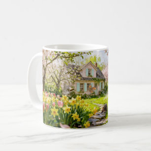 Lentewoning met bijen, egel en bloeiende koffiemok