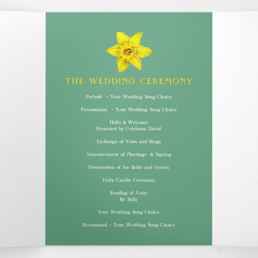 Lentgele daffodis witte groene bruiloft drieluik programma (Binnenkant midden)