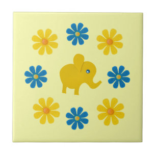 Lentgele olifant, gele, blauwe bloemen tegeltje