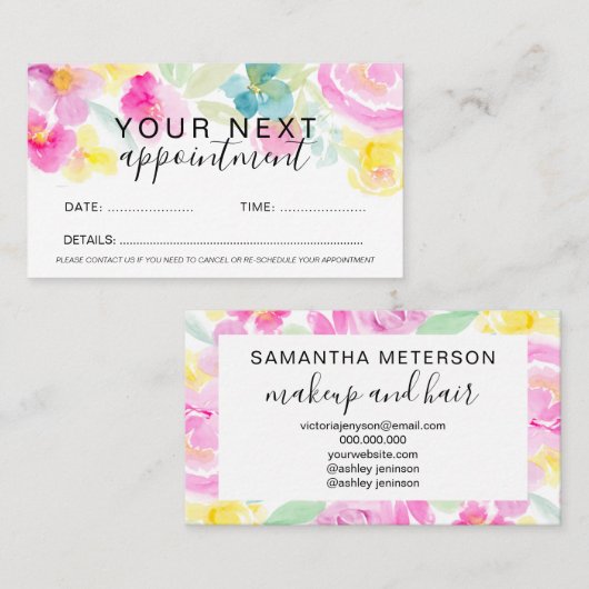 Lentroze losse florale waterverf afsprakenkaartje (Voorkant / Achterkant)