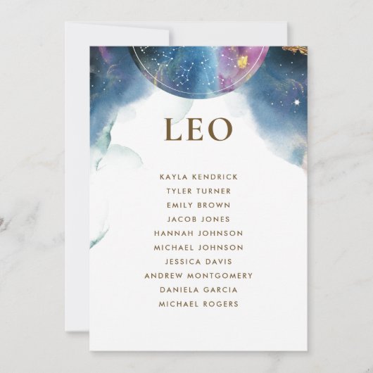 Leo Celestial Seating Plan Card met gastnaam (Voorkant)