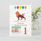 Leo First Birthday Gold, ballonnen en foto's Kaart (Staand voorkant)