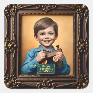 LEO ~ GELUKKIGE VERJAARDAG ~ Houten trein ~ Vierkante Sticker