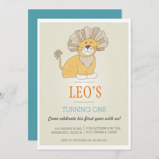 Leo Lion Verjaardag Uitnodiging (Voorkant / Achterkant)