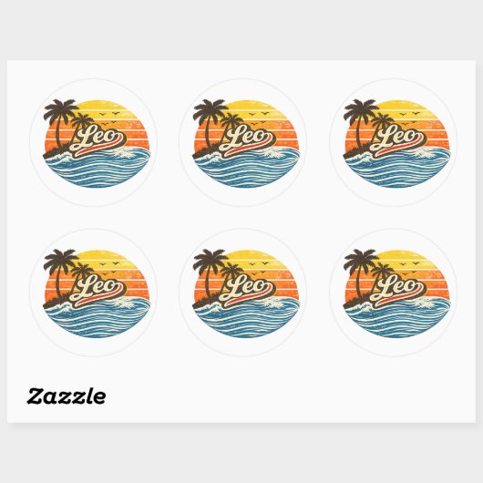 Leo Retro Sunset Naamontwerp Ronde Sticker (Vel)