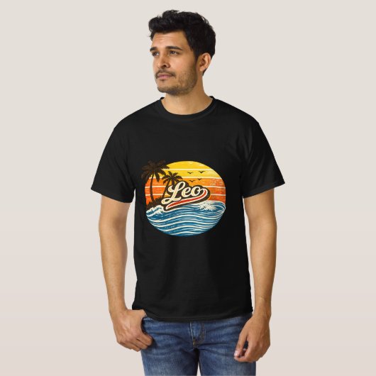 Leo Retro Zonsondergang Naam Ontwerp T-shirt (Voorkant volledig)