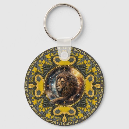 Leo Sign Affirmaties Goudgeel Fractal Mandala Sleutelhanger (Achterkant)