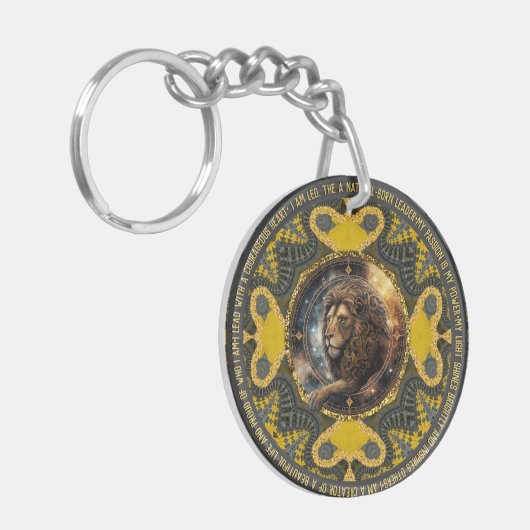 Leo Sign Affirmaties Goudgeel Fractal Mandala Sleutelhanger (Voorkant Links)