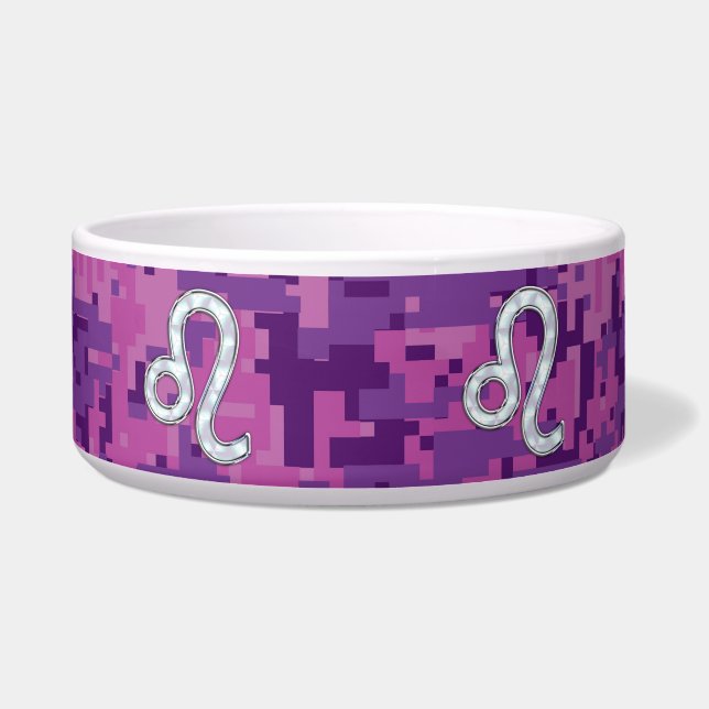 Leo Sign on Pink Fuchsia Digital Camouflage Voerbakje (Voorkant)