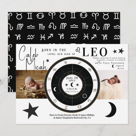 LEO Sun & Moon Sign Zodiac Sign Geboorteaankondigi Kaart (Voorkant / Achterkant)