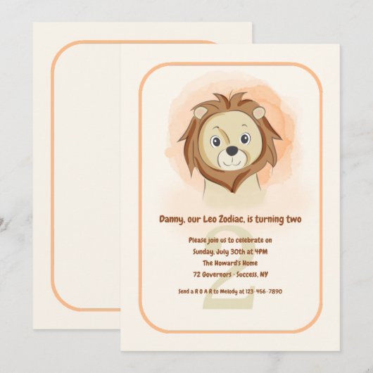 Leo the Lion Birthday Party Kaart (Voorkant / Achterkant)