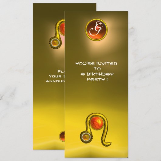 LEO TOPAZ MONOGRAM ZODIAC BIRTHDAY PARTY,Yellow Kaart (Voorkant / Achterkant)