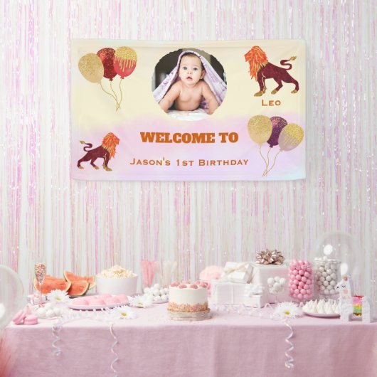 Leo Watercolor 1st Birthday Photo Sign Spandoek (Feest)