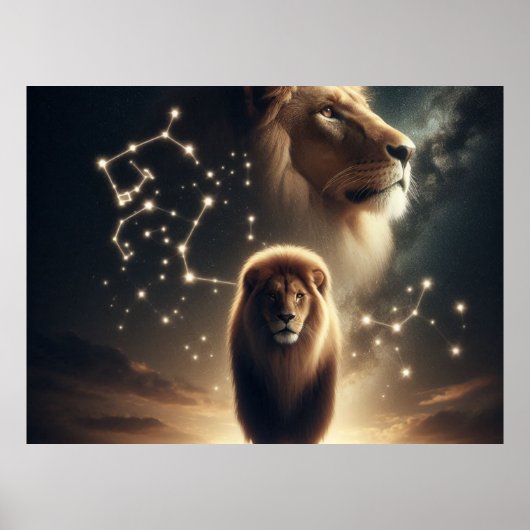 Leo Zodiac Art - Majestueuze leeuw en sterrenbeeld Poster (Voorkant)