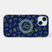 Leo Zodiac + Astrologie Symbolen Patroon Gold + Bl iPhone 15 Case (Achterkant horizontaal)