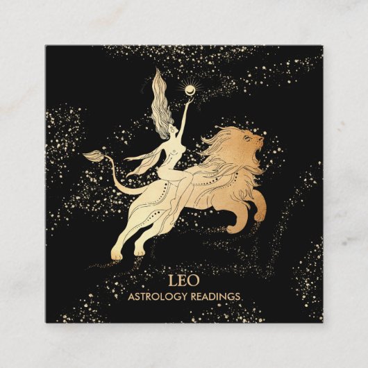 *~* LEO Zodiac Astrology Reading Black Gold Vierkante Visitekaartje (Voorkant)