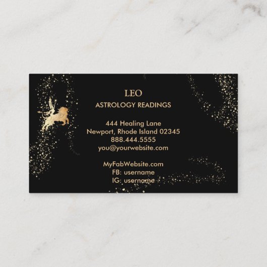*~* LEO Zodiac Astrology Reading Gold Black Visitekaartje (Achterkant)