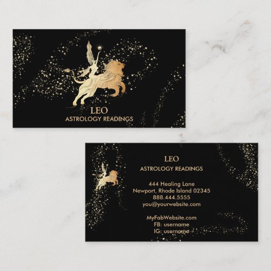 *~* LEO Zodiac Astrology Reading Gold Black Visitekaartje (Voorkant / Achterkant)