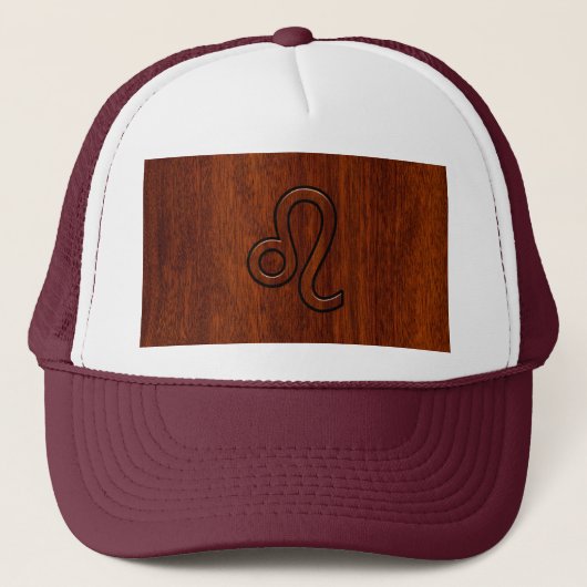Leo Zodiac-geblog in Brown Mahogany-houtstijl Trucker Pet (Voorkant)